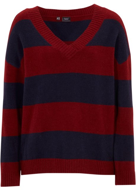 Gestreifter Pullover mit V-Ausschnitt in rot von vorne - bpc bonprix collection