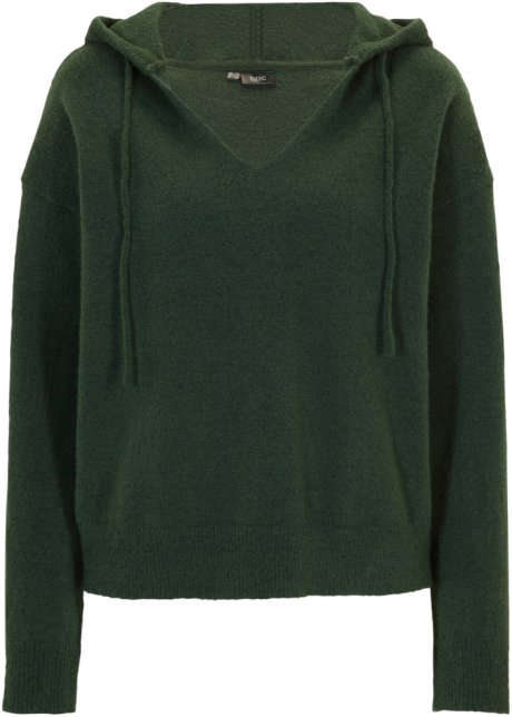 Strick-Pullover mit V-Ausschnitt und Kapuze in grün von vorne - bpc bonprix collection