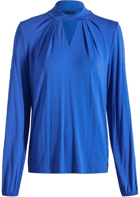 Shirt mit Twist am Halsausschnitt in blau von vorne - BODYFLIRT