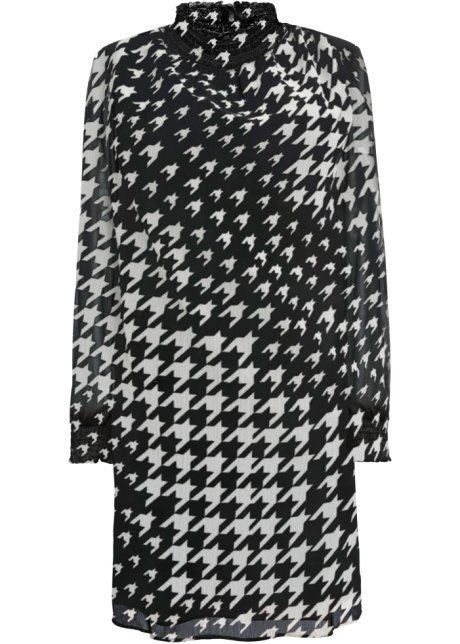 Chiffon-Kleid mit gesmokten Kragen in schwarz von vorne - BODYFLIRT