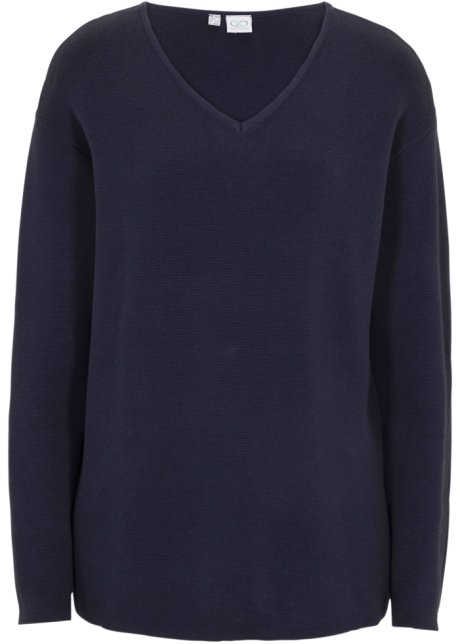 Milano Rib Pullover mit V-Ausschnitt in blau von vorne - bpc bonprix collection