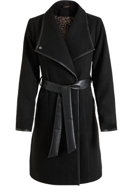 Mantel mit Lederimitat-Details in schwarz von vorne - BODYFLIRT