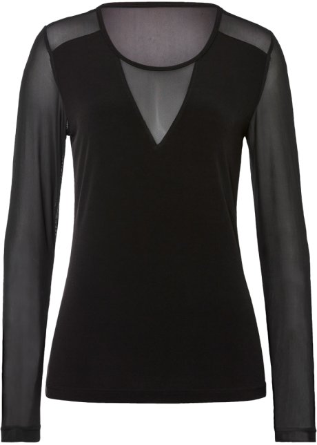 Langarmshirt, Mesh  in schwarz von vorne - BODYFLIRT boutique