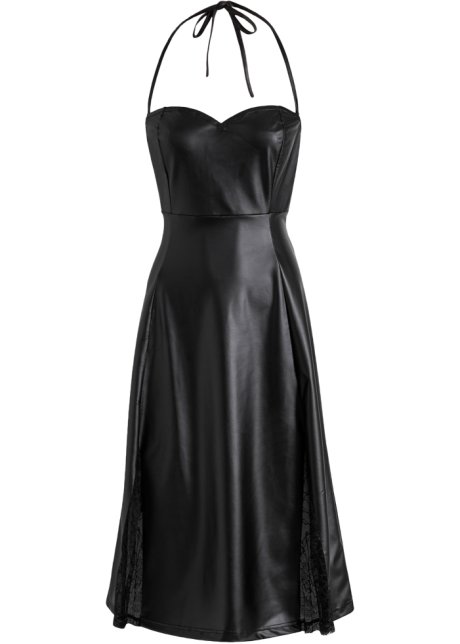 Lederimitatkleid mit Spitze  in schwarz von vorne - BODYFLIRT boutique