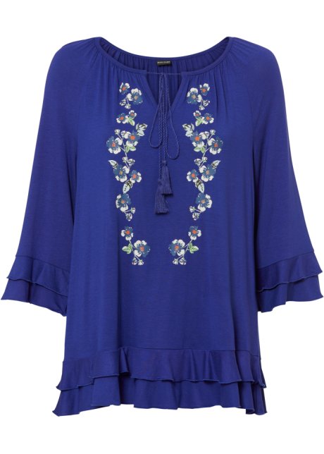 Shirt-Tunika mit Blumendruck in blau von vorne - BODYFLIRT