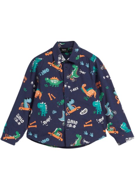Jungen Langarmhemd mit Dinodruck, Slim Fit in blau von vorne - bpc bonprix collection