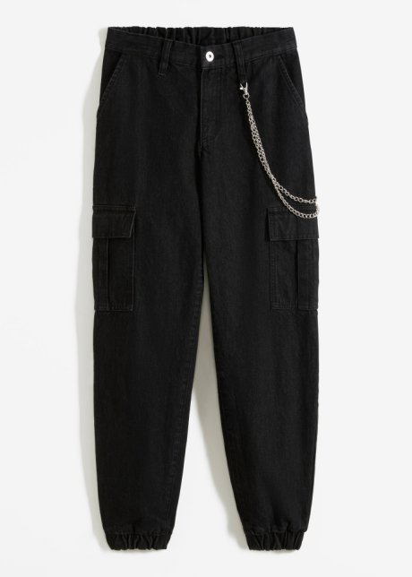 Cargo-Jeans mit Kettendetail in schwarz von vorne - RAINBOW
