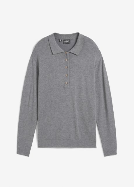Feinstrick-Pullover mit Kragen und Knopfleiste in grau von vorne - bpc bonprix collection