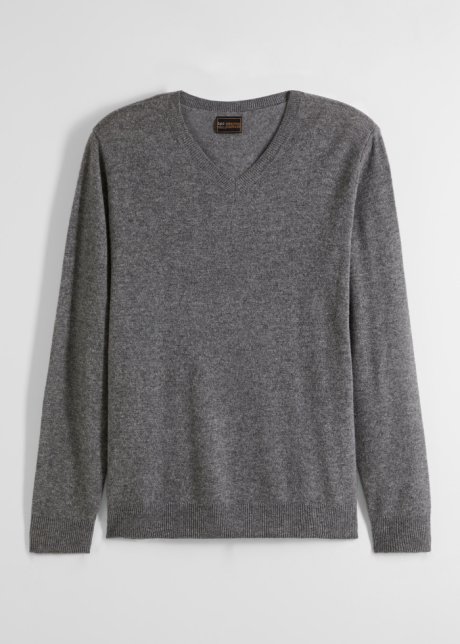 Premium  Woll-Pullover mit Good Cashmere Standard®-Anteil, V-Ausschnitt in grau von vorne - bpc selection premium