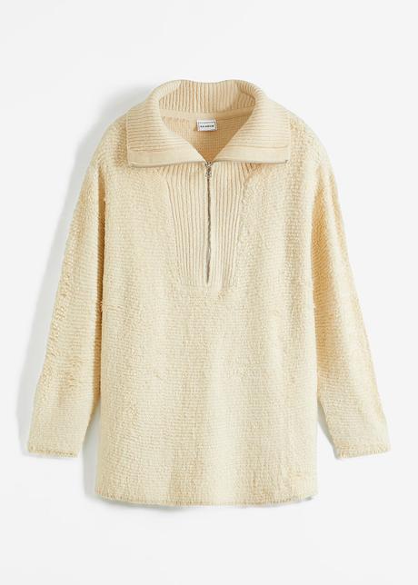 Langer Pullover aus Bouclé in beige von vorne - RAINBOW