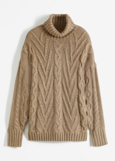 Rollkragen-Pullover mit Zopfmuster in braun von vorne - bpc bonprix collection