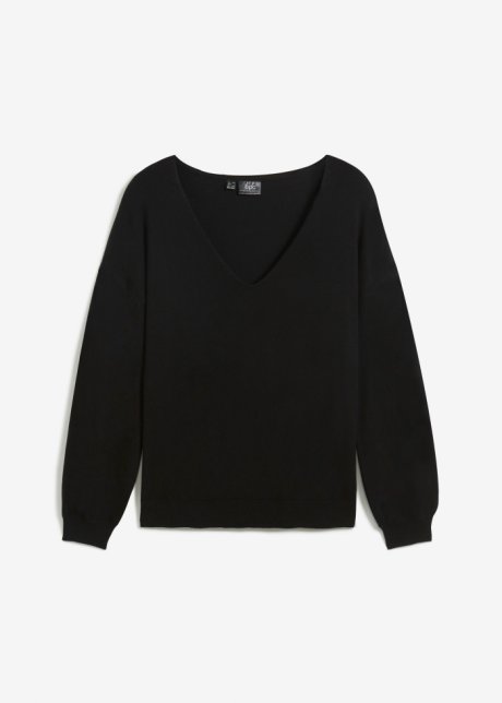 Oversize-Pullover mit tiefem V-Ausschnitt in schwarz von vorne - bpc bonprix collection