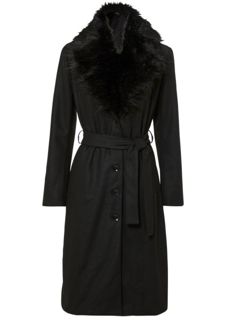 Mantel mit Fellimitat-Kragen in schwarz von vorne - BODYFLIRT