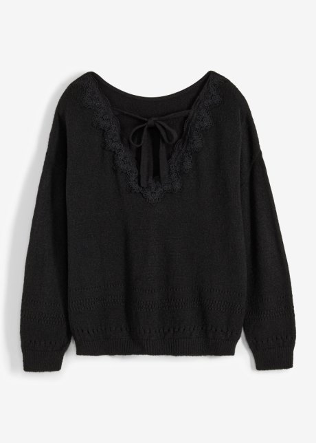 Pullover mit Spitze in schwarz von vorne - BODYFLIRT