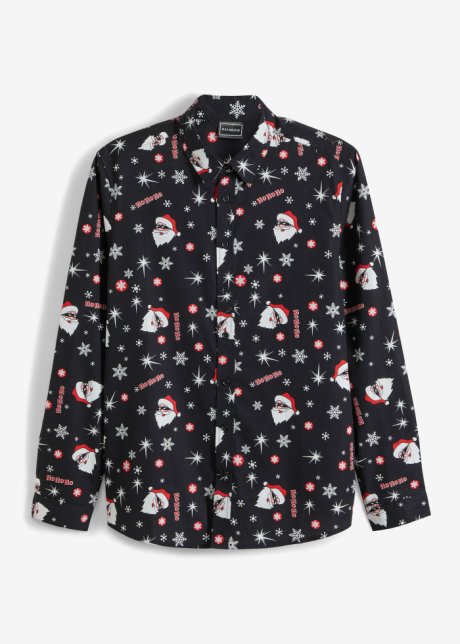 Langarmhemd mit Weihnachts-Druck, Slim Fit in schwarz von vorne - RAINBOW