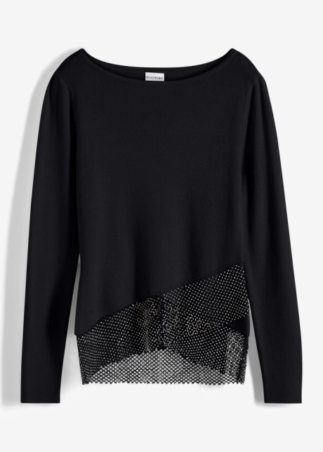 Pullover mit Strass-Steinen in schwarz von vorne - BODYFLIRT