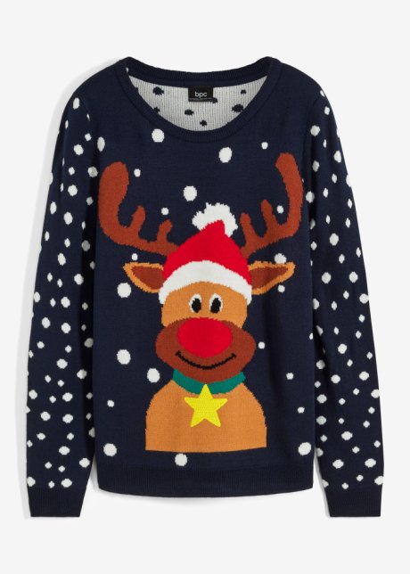 Pullover mit Weihnachtsmotiv in blau von vorne - bpc bonprix collection