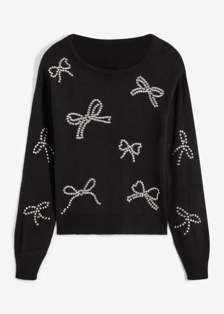 Pullover, verkürzt mit Nieten  in schwarz von vorne - BODYFLIRT boutique
