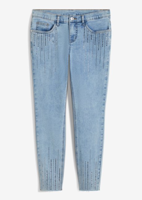 Skinny-Jeans mit Strass-Applikation in blau von vorne - BODYFLIRT