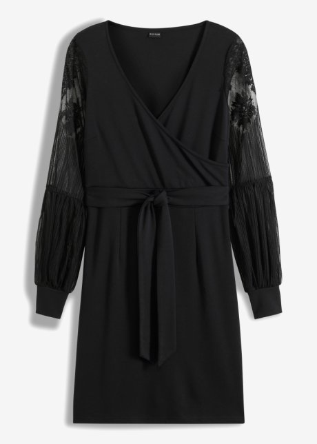 Jerseykleid mit Spitzenärmeln in schwarz von vorne - BODYFLIRT