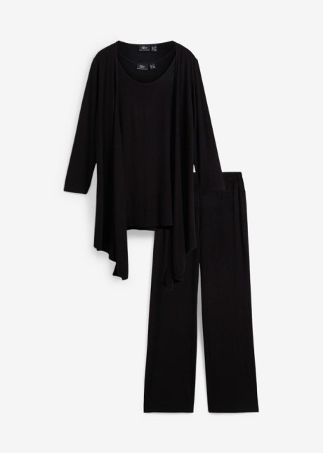 Loungewear Hausanzug (3-tlg.Set) mit Viskose in schwarz von vorne - bpc bonprix collection