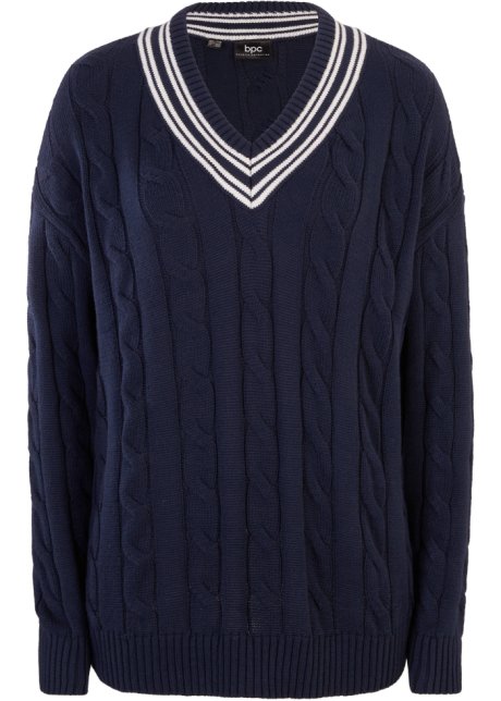 Pullover mit Zopfmuster in blau von vorne - bpc bonprix collection