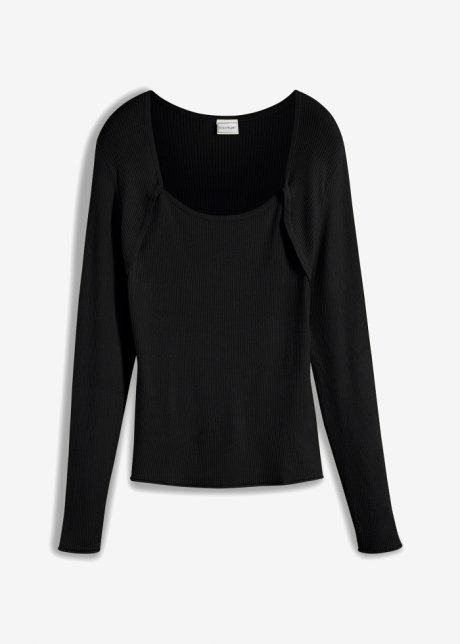 Ripp-Pullover mit Karree-Ausschnitt in schwarz von vorne - BODYFLIRT