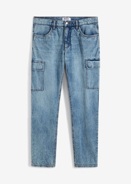 Loose Fit Cargo-Jeans mit recycelter Baumwolle, Straight in blau von vorne - John Baner JEANSWEAR