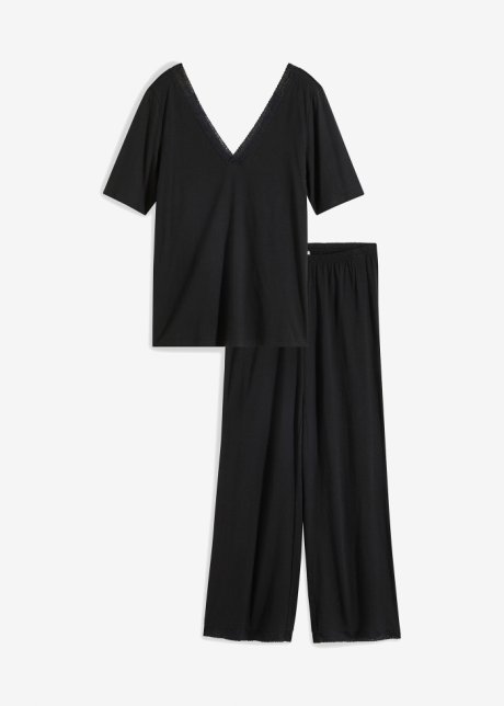 Pyjama mit Viskose und weiter Hose in schwarz von vorne - bpc bonprix collection