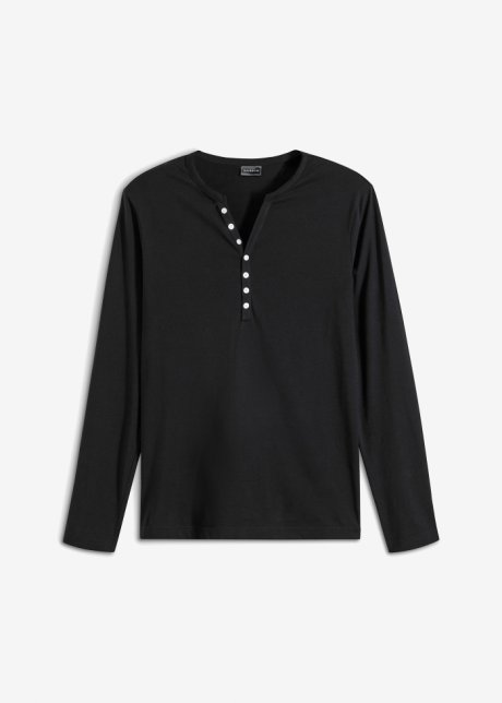 Langarm-Henleyshirt aus Bio Baumwolle, Slim Fit in schwarz von vorne - bpc bonprix collection