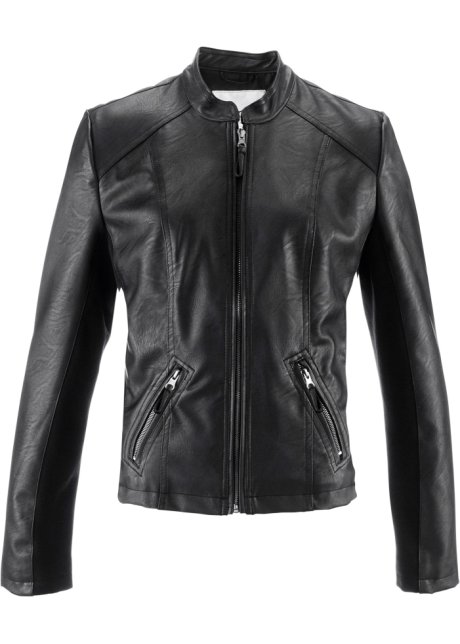 Leichte Lederimitat-Jacke mit seitlichen Stretcheinsätzen, tailliert in schwarz - bpc bonprix collection