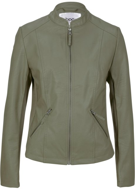Leichte Lederimitat-Jacke mit seitlichen Stretcheinsätzen, tailliert in grün von vorne - bpc bonprix collection