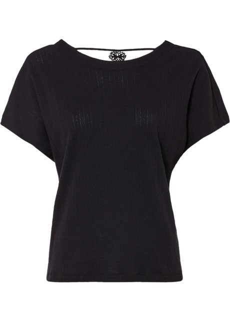 T-Shirt mit Lochmuster und Spitze in schwarz von vorne - RAINBOW