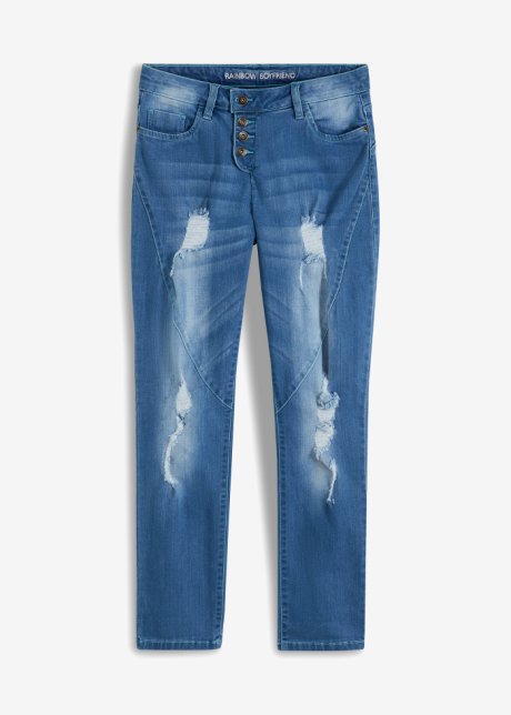 Boyfriend-Jeans Destroyed mit recyceltem Polyester in blau von vorne - RAINBOW
