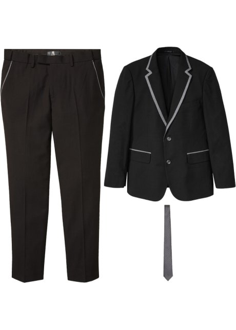 Anzug (3-tlg.Set): Sakko, Hose, Krawatte Slim Fit in schwarz von vorne - bpc selection