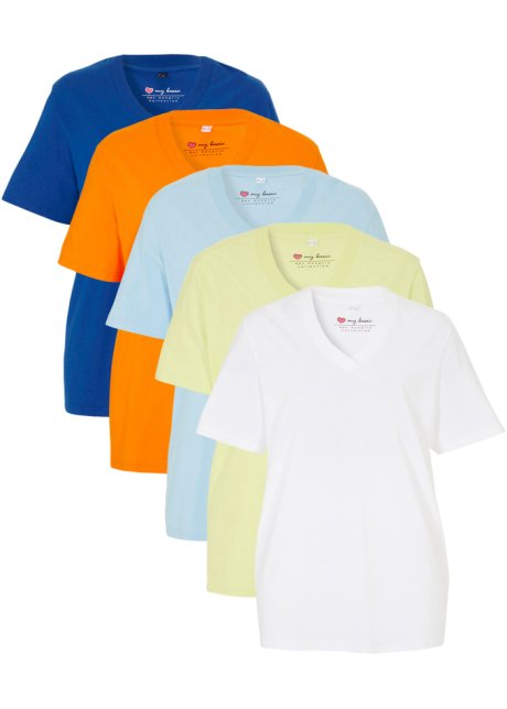 Weites Long-Shirt mit V-Ausschnitt, Kurzarm (5er Pack) in orange von vorne - bpc bonprix collection