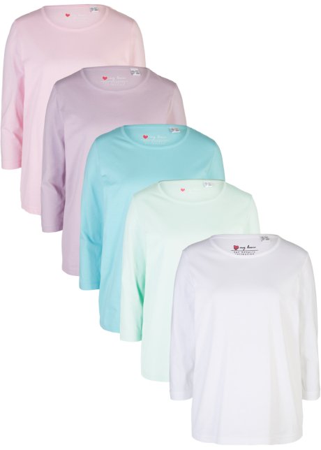 Rundhals-Shirt (5er Pack), ¾-Arm in rosa von vorne - bpc bonprix collection