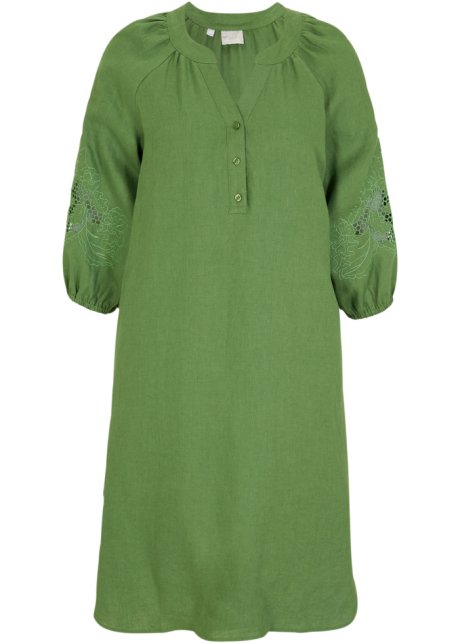 Leinen-Kleid mit Lochstickerei  in grün von vorne - bonprix PREMIUM