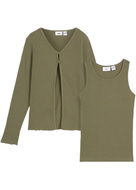 Mädchen Ripp-Shirtjacke + Top aus Bio-Baumwolle (2-tlg. Set) in grün von vorne - bpc bonprix collection