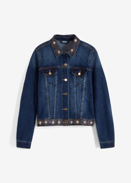 Jeansjacke mit Strass-Applikationen in blau von vorne - BODYFLIRT boutique