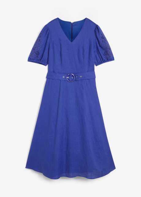 Kleid aus reinem Leinen mit Lochstickerei und Gürtel  in blau von vorne - bonprix PREMIUM