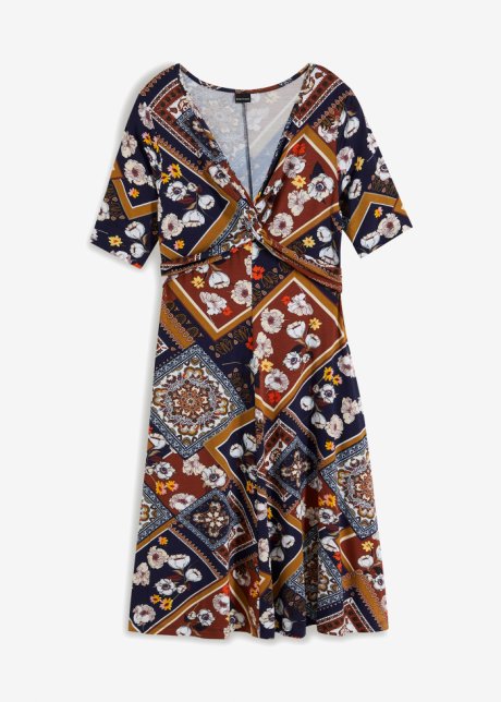 Bedrucktes Jersey-Kleid mit Drapierung in braun von vorne - BODYFLIRT