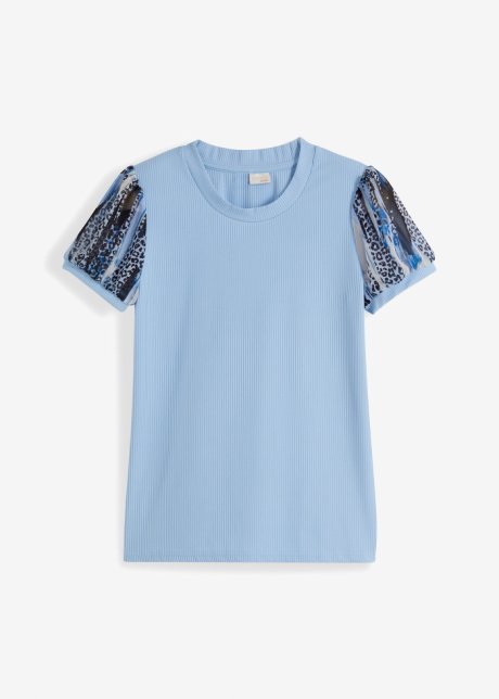 Ripp-Shirt mit Chiffon-Ärmeln in blau von vorne - BODYFLIRT boutique
