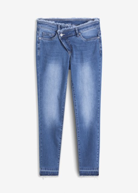 Skinny-Jeans mit asymmetrischem Bund in blau von vorne - BODYFLIRT