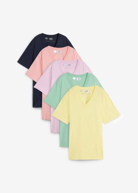 Weites Long-Shirt mit V-Ausschnitt, Kurzarm (5er Pack) in rosa von vorne - bpc bonprix collection