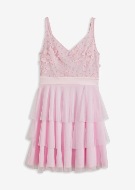 Kleid mit Volants und Blümchen-Applikation in rosa von vorne - BODYFLIRT boutique