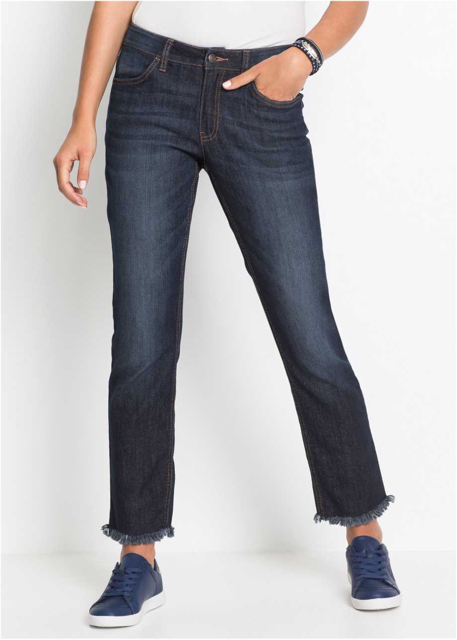 Lässige Komfort Stretch Jeans Wide Mit Fransensaum Dunkelblau Normal 