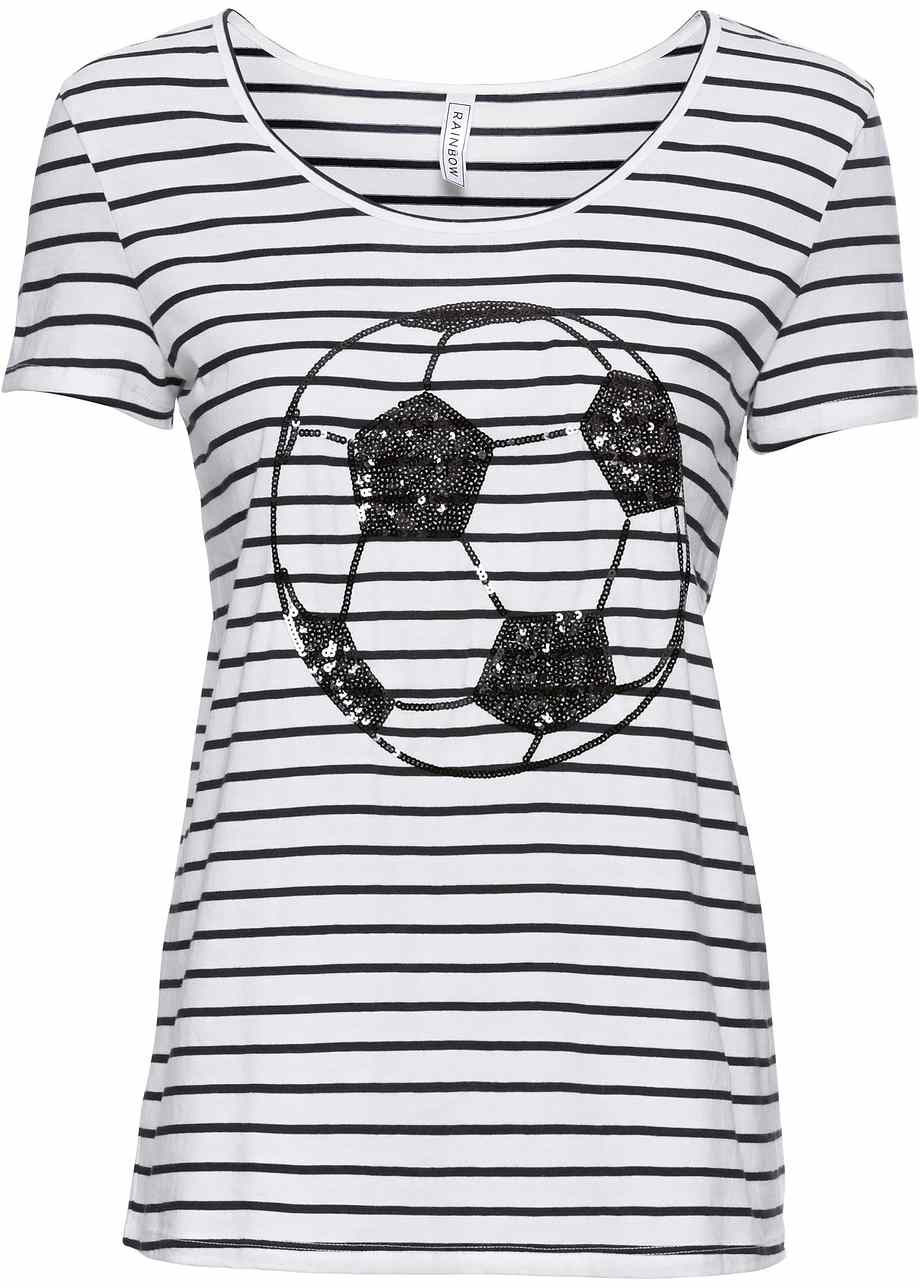 Gestreiftes T-Shirt mit Fußballmotiv aus Pailletten - schwarz/weiß