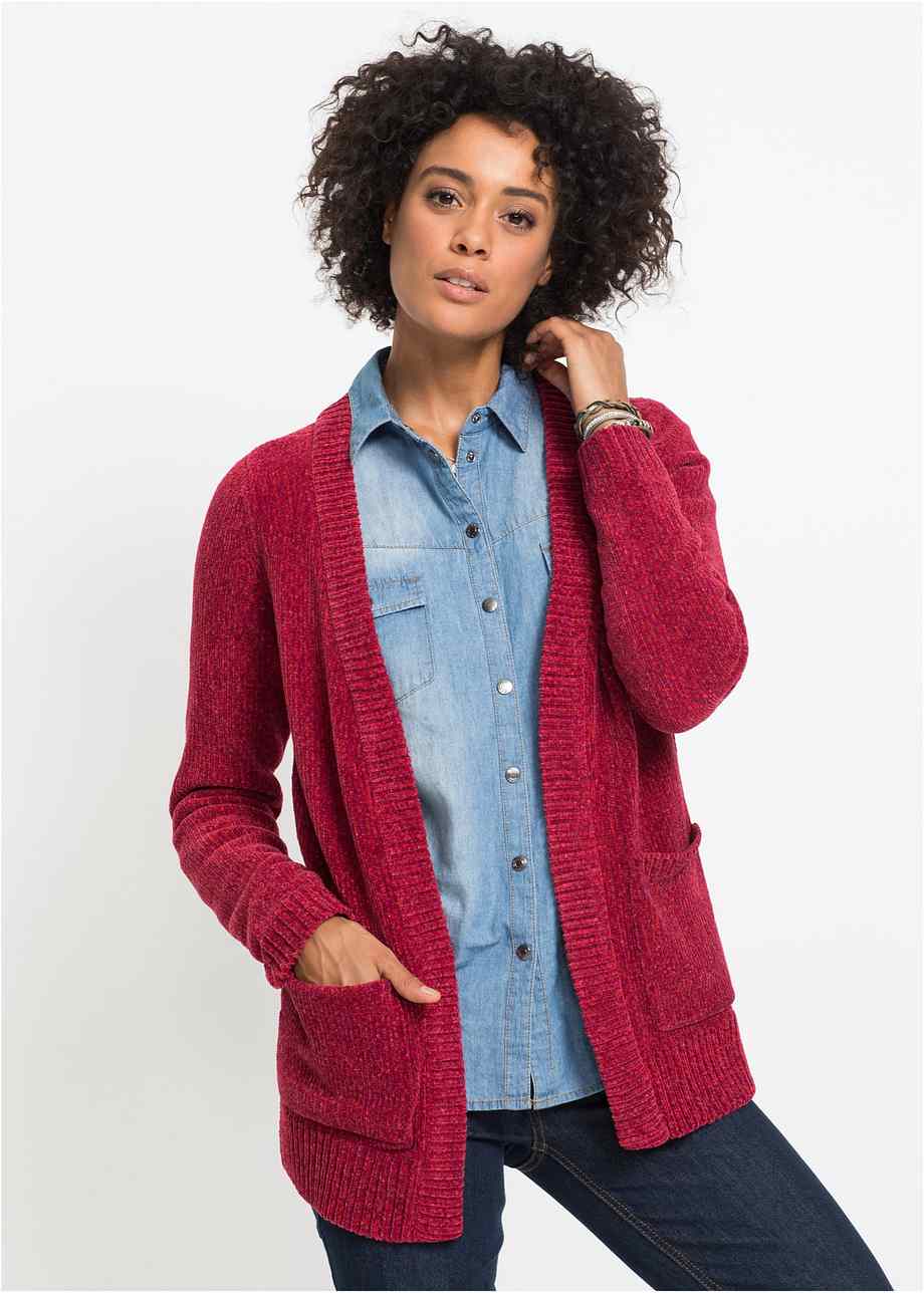 Langärmlige Strickjacke aus Chenille mit V-förmigem Ausschnitt - blau