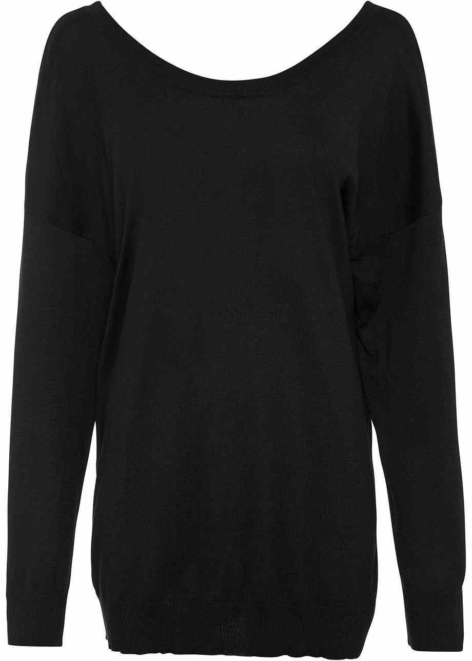 Oversize-Pullover mit Rückenausschnitt und Flügeldruck - schwarz